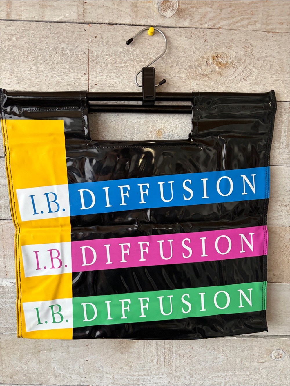 Vintage colour block tote bag wooden handles